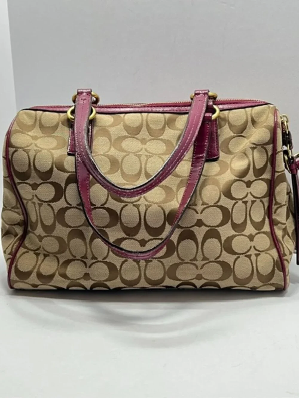 Coach Signature Stripe Python Satchel F24884 in Khaki w/Raspberry Python w/COA